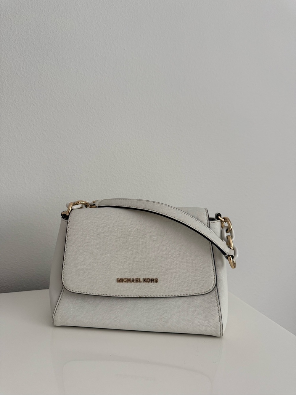 Michael Kors Cream Saffiano Leather Shoulder Bag with Gold Hardware